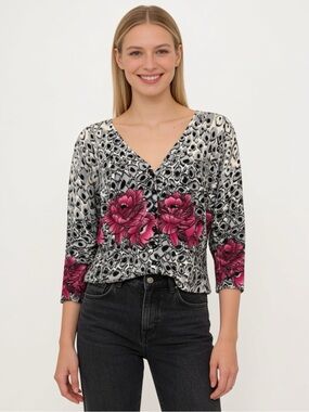 Cache Pink Floral Animal Print Button Front Cardigan Top Large
